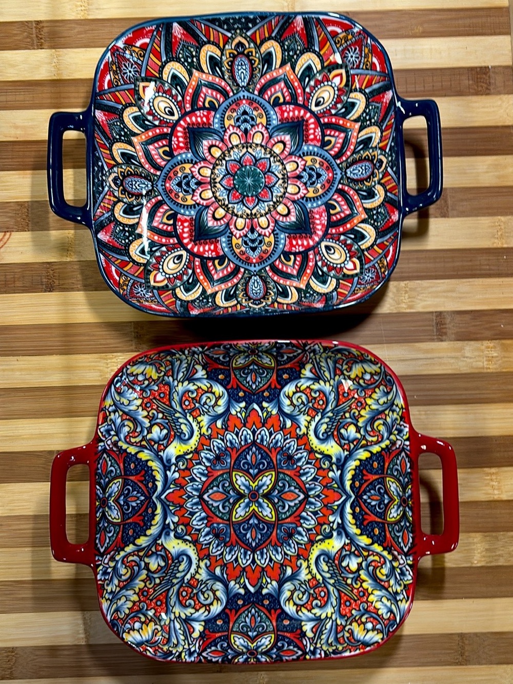 Set of 2 New Bohemian Pasta Bowls or Serving Trays w/ Handles 7.5"